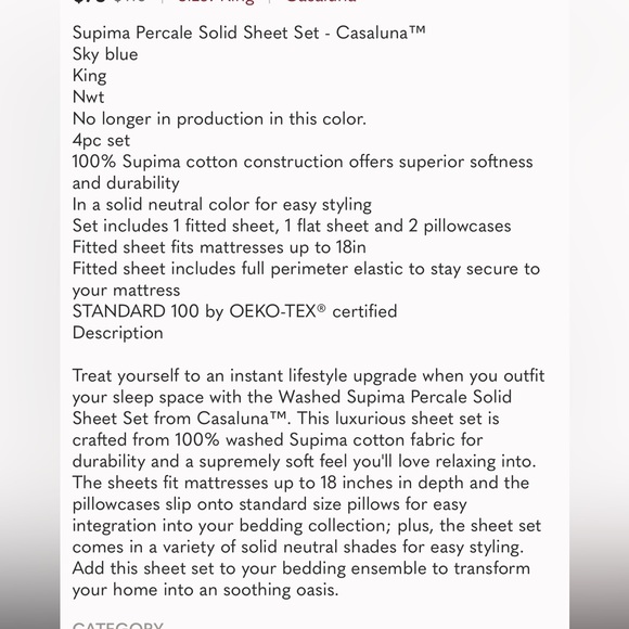 CASALUNA Supima Percale Solid Sheet Set, King, Sky Blue, NWT - Picture 5 of 5